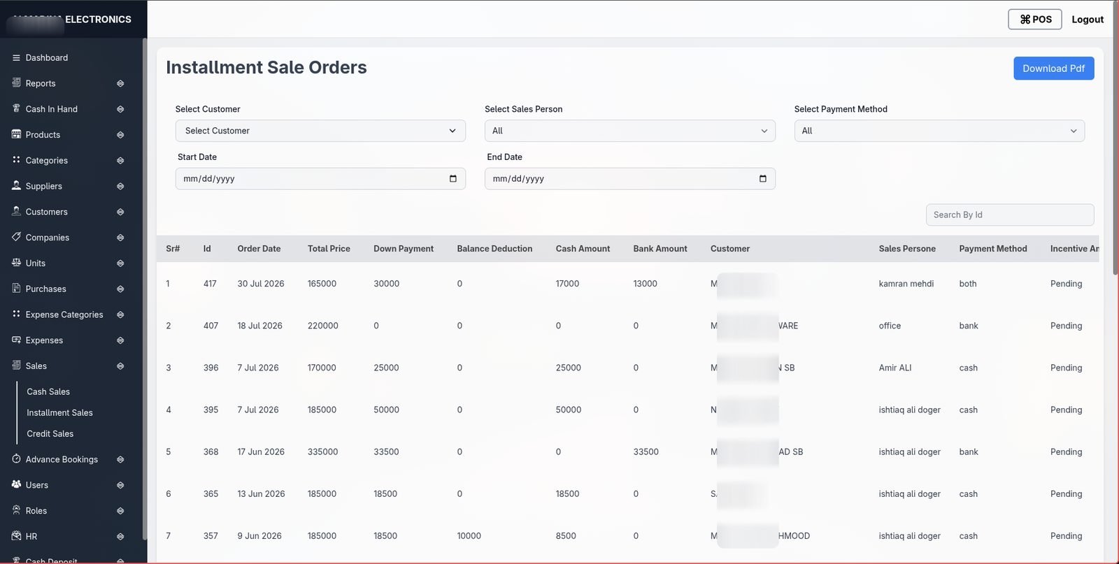 Installment sales screenshot