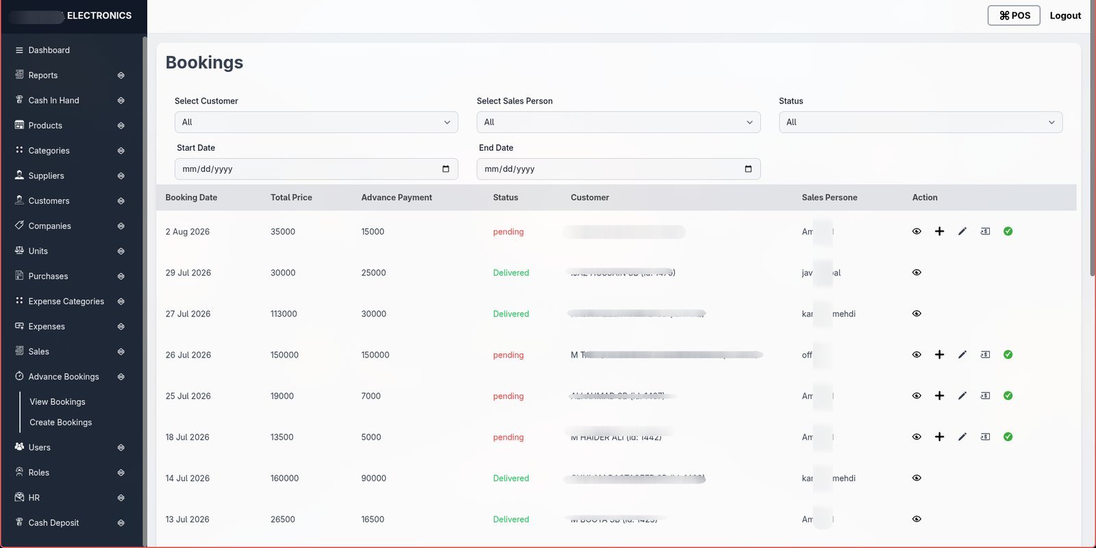 Bookings & advances screenshot