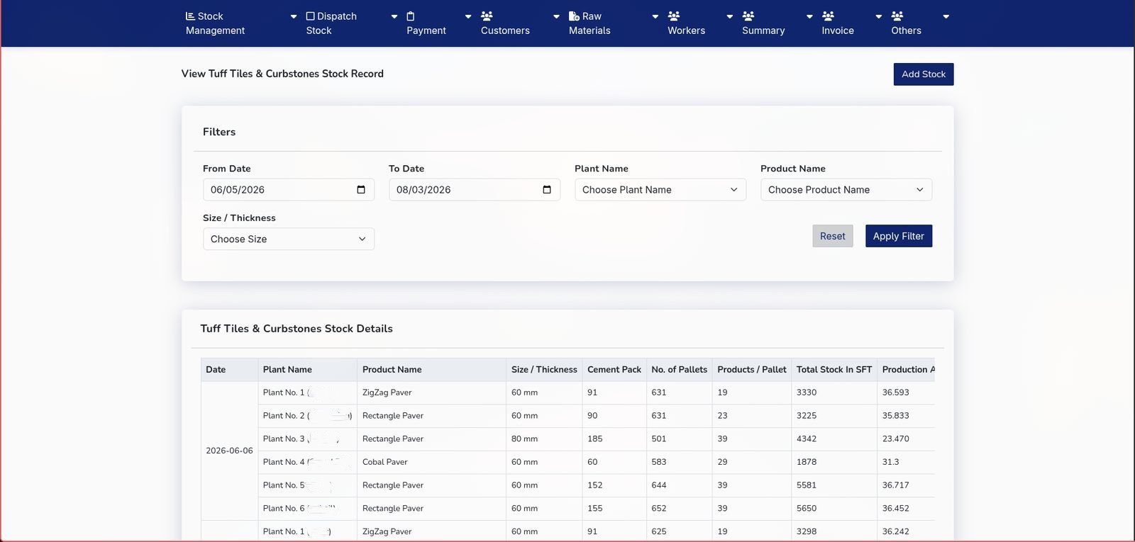 Stock management screenshot