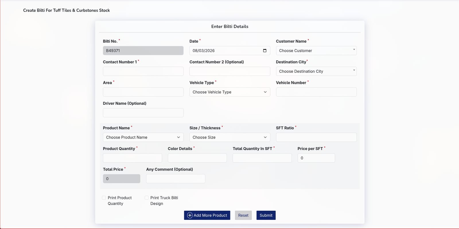 Bilti & transport documents screenshot